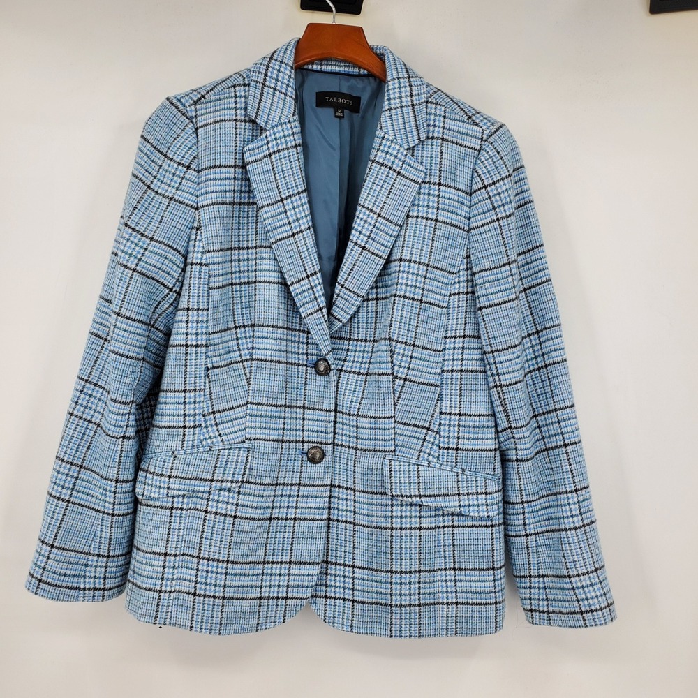 Talbots Blue Plaid Textured Wool Blend Two Button Blazer Jacket 12 Career Work